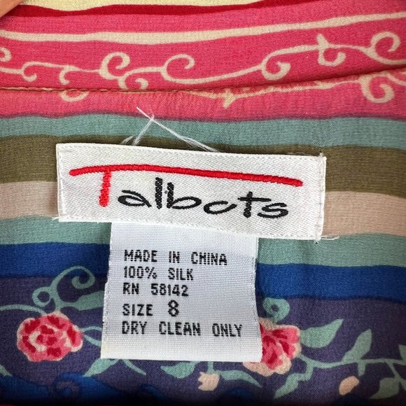 Vintage Talbots 100% Silk Button Up Dress Pink Blue Striped Floral size 8 - Picture 7 of 13